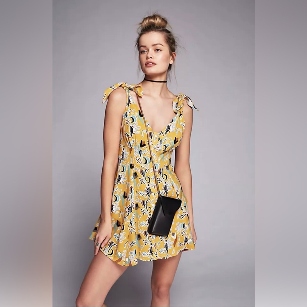 Free People Mustard Floral Mini Dress with Tie Straps - Size L